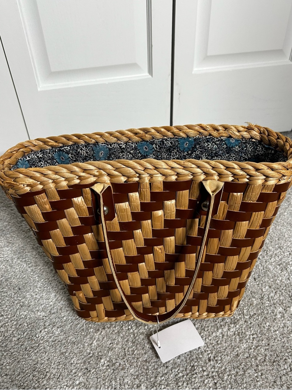 Woven Two-Tone Straw Tote with Floral Liner - Brown